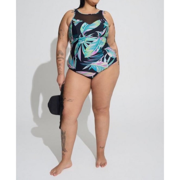 🆕🍃 Leaves Wireless Mesh High Neck One Piece Swimsuit 2 2X 18 20 NWT Torrid New - Picture 3 of 7